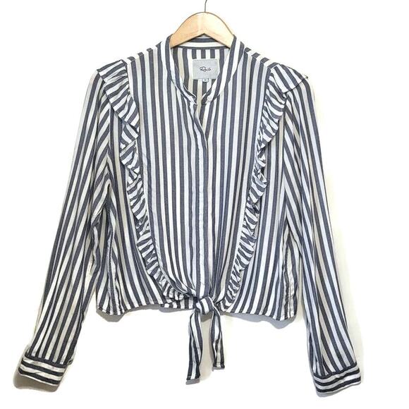 Rails Blue White Stripe Ruffle Tie Waist Long Sleeve Button Down Shirt M Chic - Picture 2 of 16